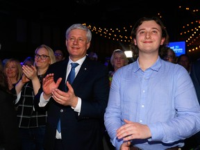 Former prime minister Stephen Harper cheers on Alberta United Conservative Leader Jason Kenney on election night in Calgary on April 16, 2019.