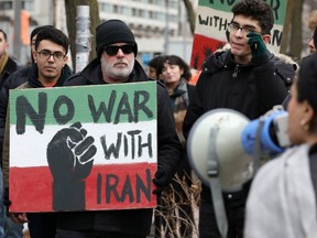 Demonstrators protest against war amid increased tensions between the United States and Iran, outside the United States consulate in Toronto, Ontario, Canada January 4, 2020.