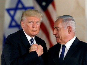 President Donald Trump and Israeli Prime Minister Benjamin Netanyahu shake hands after Trump's address at the Israel Museum in Jerusalem May 23, 2017.