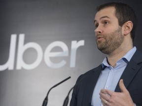 Michael van Hemmen, head of Western Canada for Uber, addresses the media during a news conference in Vancouver B.C, Wednesday, January, 29, 2020. Van Hemmen was answering questions about Uber's injunction application to stop the city of Surrey from illegally fining drivers.