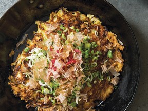 Okonomiyaki — 'as you like it' — pancakes with bonito flakes from Japanese Home Cooking