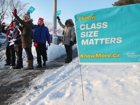 Teachers held an information picket at Our Lady of Mount Carmel on Friday Jan 17, 2020. TA one-day strike by Catholic board teachers is planned for Tuesday, Jan 21.