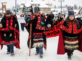 Wet'suwet'en Hereditary Chiefs from left, Rob Alfred, John Ridsdale, centre and Antoinette Austin, who oppose the Costal Gaslink pipeline take part in a rally in Smithers B.C., on Friday January 10, 2020. The Wet'suwet'en peoples are occupying their land and trying to prevent a pipeline from going through it.