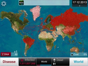 A screenshot from Plague Inc. showing how a player-created disease is spreading around the world.
