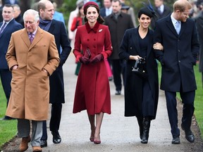 In this file photo taken on December 25, 2018, (L-R) Britain's Prince Charles, Prince of Wales, Britain's Prince William, Duke of Cambridge, Britain's Catherine, Duchess of Cambridge, Meghan, Duchess of Sussex and Britain's Prince Harry, Duke of Sussex arrive for the Royal Family's traditional Christmas Day service at St Mary Magdalene Church in Sandringham, Norfolk, eastern England