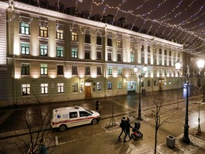 People walk past the Sogaz International Medical Centre, which treats injured Russian mercenaries, in Saint Petersburg, Russia, January 6, 2020.