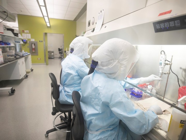  Scientists work in VIDO-InterVac’s (Vaccine and Infectious Disease Organization-International Vaccine Centre) containment level 3 laboratory, where the organization is currently researching a vaccine for novel coronavirus.