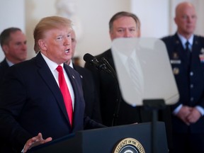 U.S. President Donald Trump delivers a statement on Iran's missile attacks on U.S.-led forces in Iraq, in the Grand Foyer at the White House in Washington, U.S., January 8, 2020.