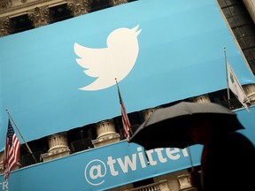 A banner with the logo of Twitter hangs from the New York Stock Exchange in a file photo from Nov. 7, 2013.
