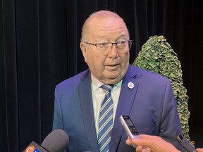 Ralph Eichler, Manitoba's minister of economic development and training speaks to reporters in Winnipeg on Friday Jan. 17, 2020. A new report calls for more work placement programs for post-secondary students in Manitoba, especially at small and medium-size businesses.