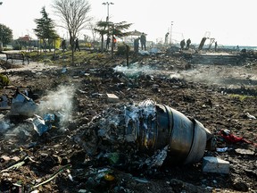 Wreckage from Ukraine International Airlines Flight PS752 lies on the ground near Shahedshahr, Iran, on Jan. 8, 2020.
