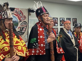 Na'moks (centre), a spokesman for the Wet'suwet'en hereditary chiefs, says they will not meet with representatives of a natural gas company, in Smithers, B.C., Tuesday, Jan. 7, 2020.