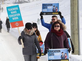 Members of the Elementary Teachers' Federation of Ontario hit the picket line in Sudbury, Ont., on Feb. 6.