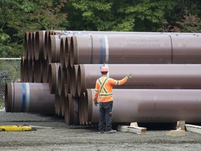 Pipeline pipes are seen at a Trans Mountain facility near Hope, B.C.