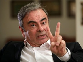 Former Nissan chairman Carlos Ghosn talks during an exclusive interview with Reuters in Beirut.