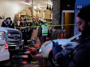 Emergency responders work at a kosher supermarket, the site of a shooting in Jersey City, N.J., on Dec. 11, 2019.