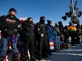 Protesters block a CN rail line in Edmonton on Feb. 19.