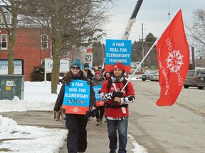 Elementary Teachers' Federation of Ontario members picket outside Bruce-Grey-Owen Sound MPP Bill Walker's office.