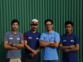 Standing left to right are Ming Temba Sherpa, Halung Dorchi Sherpa, Tashi Lakpa Sherpa and Pasang Nurbu Sherpa during a press before leaving for Mount Everest, in Kathmandu, Nepal, Monday, Feb. 24, 2020.