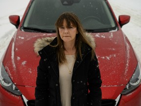 Cindy Thompson is seen near where she was pulled over by an RCMP officer in Fox Creek, Alberta, on Friday, Feb. 14, 2020.