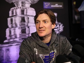 Jay Bouwmeester #19 of the St. Louis Blues speaks during Media Day ahead of the 2019 NHL Stanley Cup Final at TD Garden on May 26, 2019 in Boston, Massachusetts.