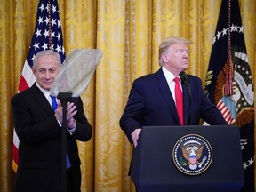 U.S. President Donald Trump and Israeli Prime Minister Benjamin Netanyahu take part in an announcement of Trump's Middle East peace plan at the White House in Washington, D.C., on Jan. 28.