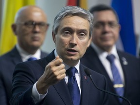 Canadian Foreign Affairs Minister Francois-Philippe Champagne speaks during the closing news conference at the Lima Group Ministerial meetings in Gatineau, Thursday, February 20, 2020.