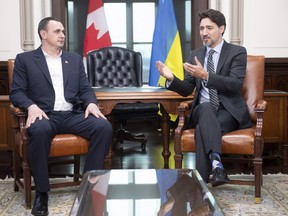 Prime Minister Justin Trudeau meets with Ukrainian filmmaker Oleg Sentsov on Parliament Hill in Ottawa, Tuesday February 4, 2020.