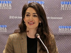 Attorney Amal Clooney speaks during a panel discussion on media freedom at United Nations headquarters Wednesday, Sept. 25, 2019.