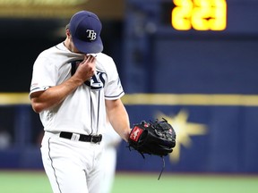 Tampa Bay Rays opening pitcher Jalen Beeks reacts at the end of the top of the third inning against the Boston Red Sox at Tropicana Field.