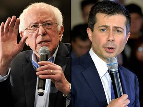 This combination of file pictures created on February 11, 2020 shows Democratic presidential hopeful Vermont Senator Bernie Sanders (L) speaking during a rally in Durham, New Hampshire on February 10, 2020, Democratic presidential hopeful and former South Bend, Indiana mayor Pete Buttigieg (C) speaking at a town hall event in Merrimack, New Hampshire on February 6, 2020.