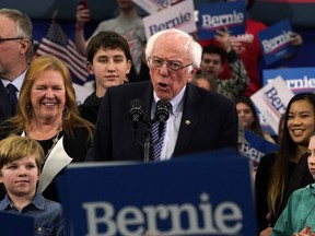 Democratic presidential hopeful Vermont Senator Bernie Sanders speaks at a Primary Night event at the SNHU Field House in Manchester, New Hampshire on February 11, 2020. - Bernie Sanders won New Hampshire's crucial Democratic primary, beating moderate rivals Pete Buttigieg and Amy Klobuchar in the race to challenge President Donald Trump for the White House, US networks projected.