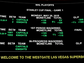 The betting line at the Race & Sports SuperBook at the Westgate Las Vegas Resort & Casino for Game One of the Stanley Cup Finals in 2018.