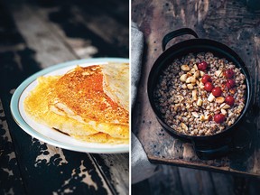 Blini, left, and wheat berry porridge