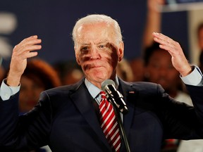 Democratic U.S. presidential candidate and former vice-president Joe Biden speaks to supporters at a campaign rally in Columbia, S.C., on the night of the New Hampshire primary, Feb.11, 2020.
