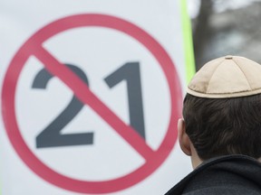 A man wears a yarmulke during a protest against the Quebec government's Bill 21, on April 14, 2019 in Montreal.