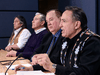 Assembly of First Nations National Chief Perry Bellegarde, right, is joined by other First Nations leaders as they discuss protests relating to the Wet’suwet’en people during a press conference in Ottawa on Feb. 18, 2020.