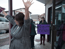 Wet'suwet'en member Bonnie George, left, leaves a meeting with Minister of Crown-Indigenous Relation, Carolyn Bennett and the Wet'suwet'en hereditary chiefs in Smithers, B.C., Feb. 27, 2020.