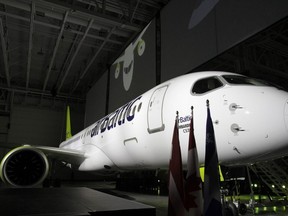 A Bombardier CS300 jet aircraft is displayed during a news conference in 2016.