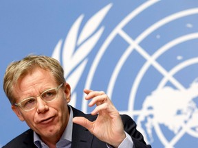 In this Friday, Jan. 23, 2015 file photo, Bruce Aylward, Assistant Director-General in charge of the Ebola operational response of the World Health Organization (WHO), informs the media about the WHO update on Ebola outbreak in West Africa, during a press conference at the European headquarters of the United Nations in Geneva, Switzerland.