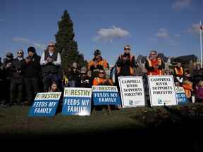 Forest industry workers and their supporters held a rally on the front lawn the same day as Minister of Finance Carole James delivered the budget speech at B.C. Legislature in Victoria, Tuesday, Feb. 18, 2020.