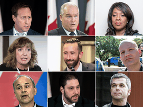 The Conservative leadership candidates as of Feb. 28. Top row: Peter MacKay, Erin O’Toole, Leslyn Lewis; middle row: Marilyn Gladu, Derek Sloan, Jim Karahalios; bottom row: Rick Peterson, Rudy Husny and Richard Décarie.