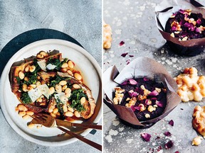 Garlicky Great Northern beans and broccoli rabe over toast, left, and chocolate, red bean, and rose brownies from Cool Beans