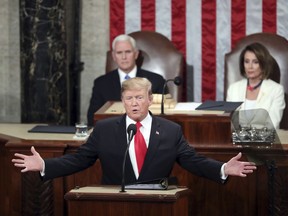 President Donald Trump delivers his State of the Union address to a joint session of Congress on Capitol Hill in Washington, as Vice President Mike Pence and Speaker of the House Nancy Pelosi, D-Calif., watch on Feb. 5, 2019. It was once among the most predictable spectacles on the American political calendar -- but with Donald Trump on the dais, there's as much suspense surrounding tonight's state of the union address as there is in the race to choose his Democratic challenger.