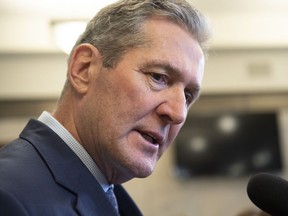 Manitoba Premier Brian Pallister speaks to reporters on Parliament Hill in Ottawa, on Friday, Nov. 8, 2019.