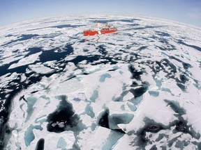 The Canadian Coast Guard icebreaker Louis S. St-Laurent makes its way through the ice in Baffin Bay, Thursday, July 10, 2008.