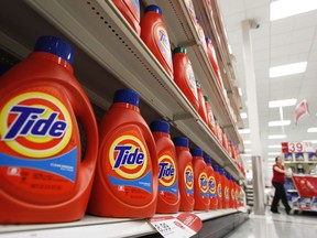 Bottles of Procter & Gamble's Tide detergent are on display at a Target store in Richmond, Va., on April 27, 2011. New research suggests frequent exposure to common household cleaning products can increase a child's risk of developing asthma. The study used data from more than two thousand children enrolled in the Canadian Healthy Infant Longitudinal Development cohort study. They examined their daily, weekly and monthly exposure to 26 types of household cleaners -- including dishwashing and laundry detergents, cleaners, disinfectants, polishes, and air fresheners.
