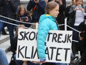 Swedish climate activist Greta Thunberg attends a rally at the Alberta Legislature Building in Edmonton, Friday, Oct. 18, 2019.