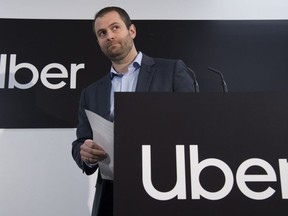 Michael van Hemmen, head of Western Canada for Uber, addresses the media during a news conference in Vancouver B.C, Wednesday, January, 29, 2020. The mayor of the Metro Vancouver city of Surrey has stood down in his fight against ride-hailing, saying it's "time to move on" after a judge ordered the municipality to stop ticketing Uber drivers.