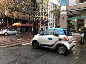 A Car2Go vehicle is shown in Vancouver on December 18, 2019. The car-share service Share Now, formerly known as Car2Go, said Wednesday it will shut down operations in North America early next year. The car-sharing company formerly known as Car2Go is closing up shop in North America on Saturday, taking with it valuable data for automakers looking to the future, says one expert. The data could show how frequently people choose car-sharing services over other forms of transit, how the use of their cars differ across neighbourhoods, and even how many trips a shared car typically completes before users complain it needs to be cleaned, said Marc-David Seidel, a professor at the University of British Columbia's Sauder school of business.